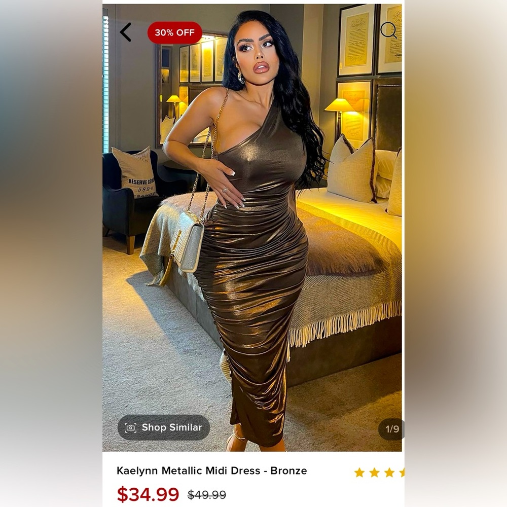 Fashionova Kaelynn Merallic Bronze Midi Rutched One-Shoulder Dress